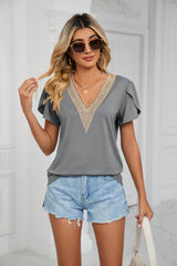 Gold lace V-Neck Tile Short Sleeve Solid Color T-Shirt top