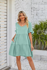 Summer Casual V-neck Babydoll Three-layer Pleated Dress