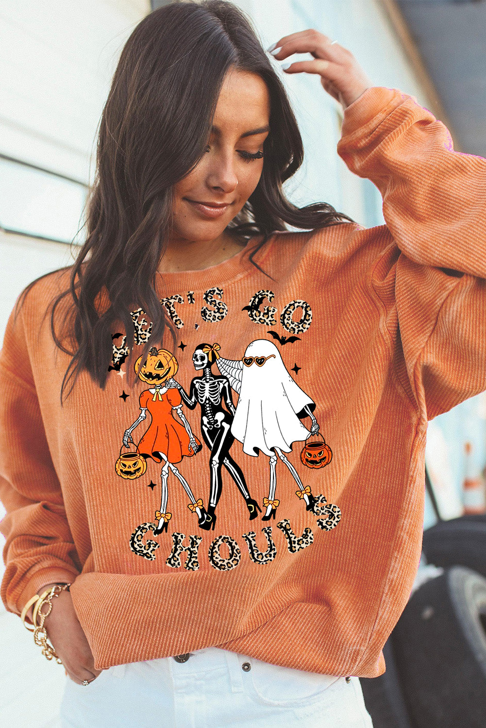 Halloween Spooky Crew Neck Pumpkin Skull Pullover Sweatshirt