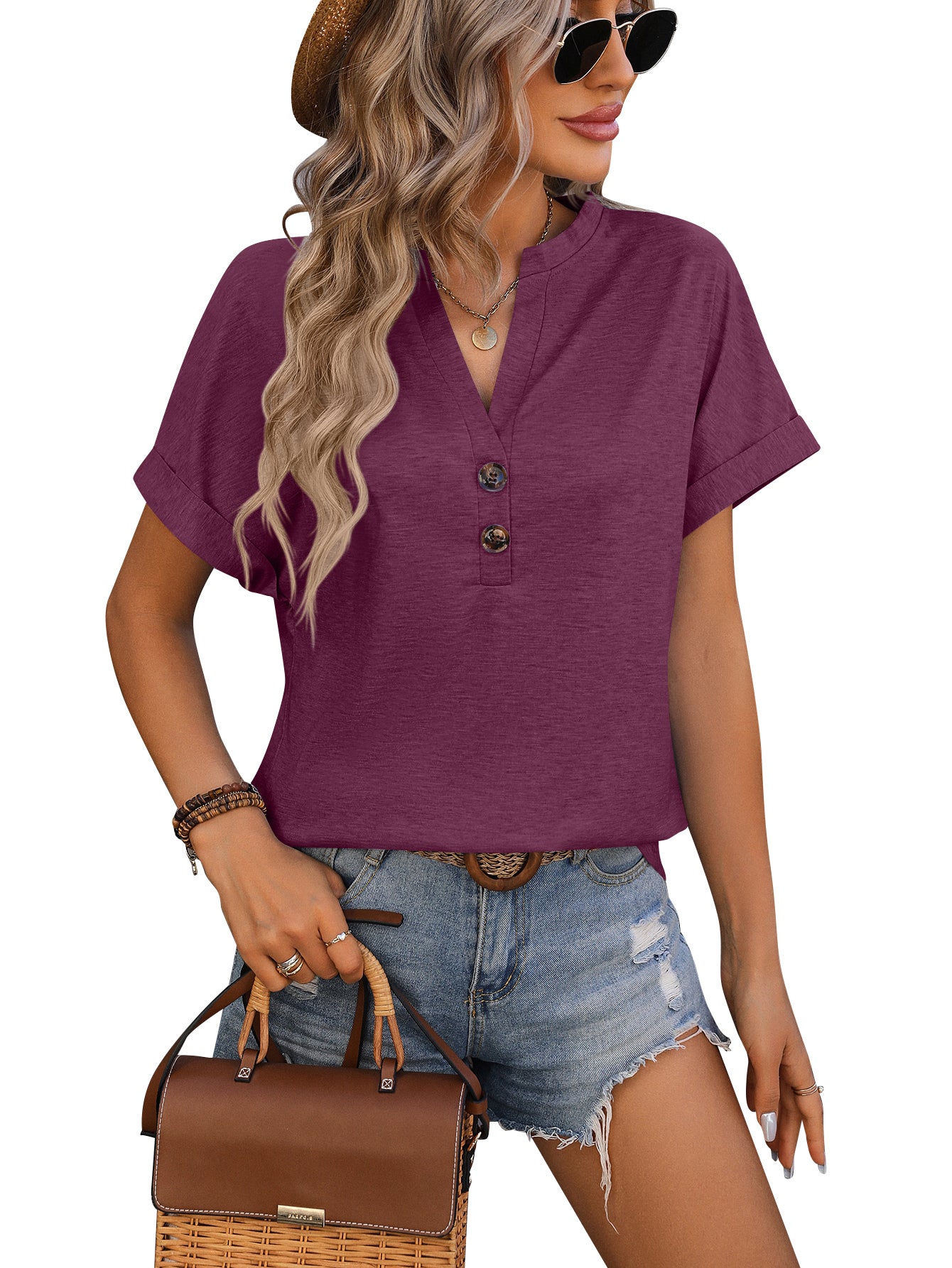 Loose Blouse Short Sleeve V Neck Button Down T Shirts