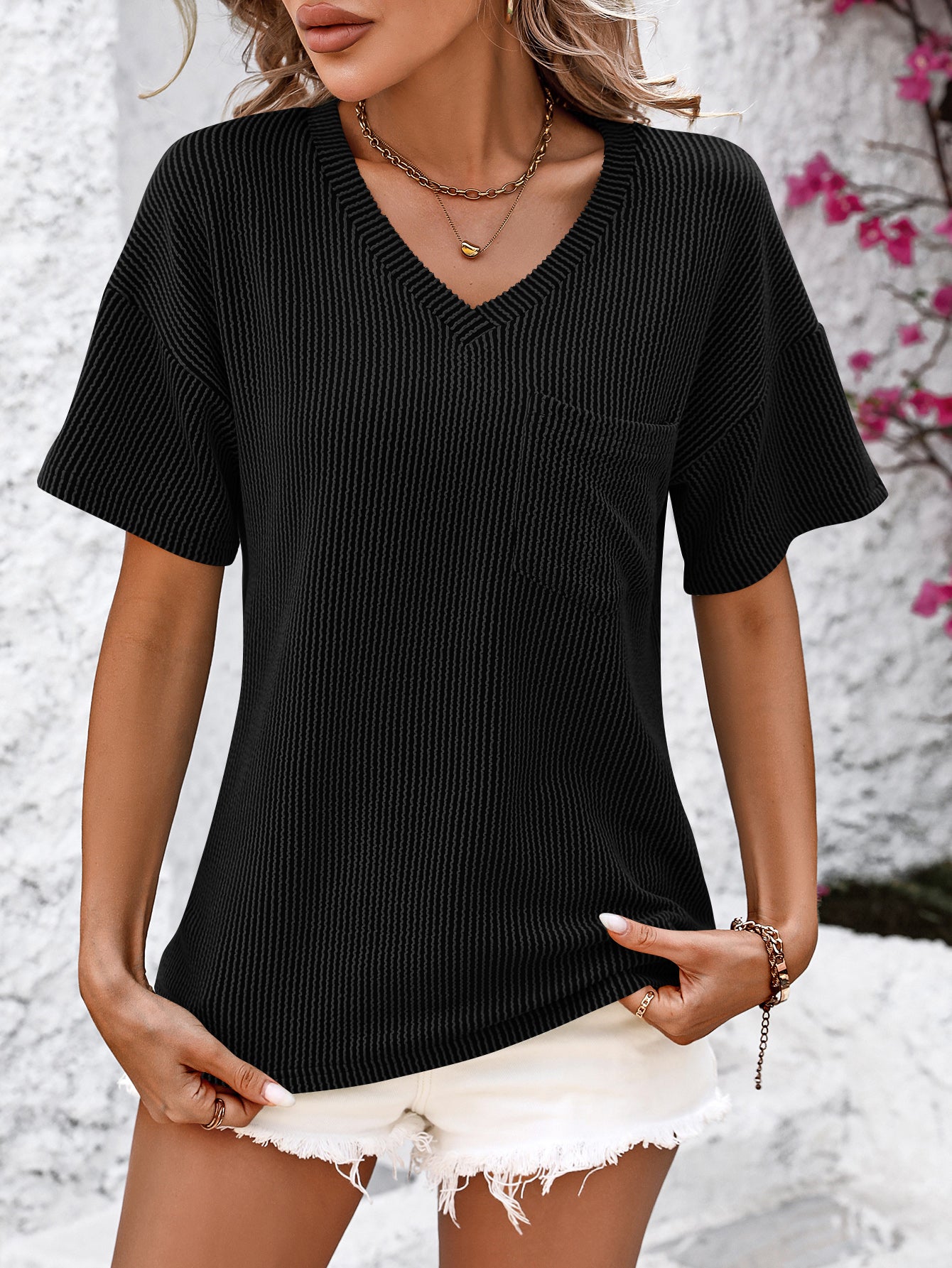 V Neck Casual Strip Short Sleeve Knit Top With Pockets