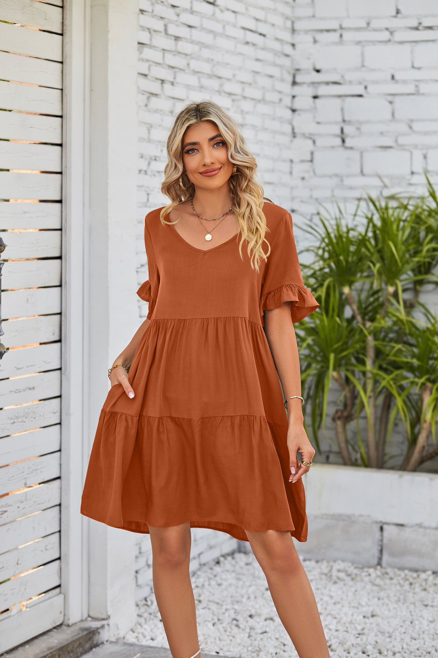 Summer Casual V-neck Babydoll Three-layer Pleated Dress