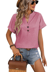 Loose Blouse Short Sleeve V Neck Button Down T Shirts