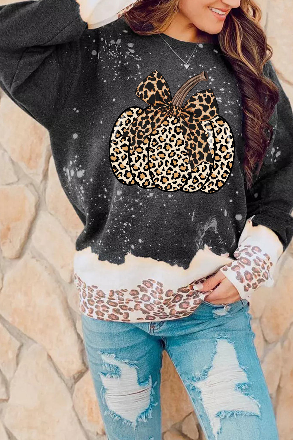 Bow Pumpkin Leopard Bleached Pullover Sweatshirt