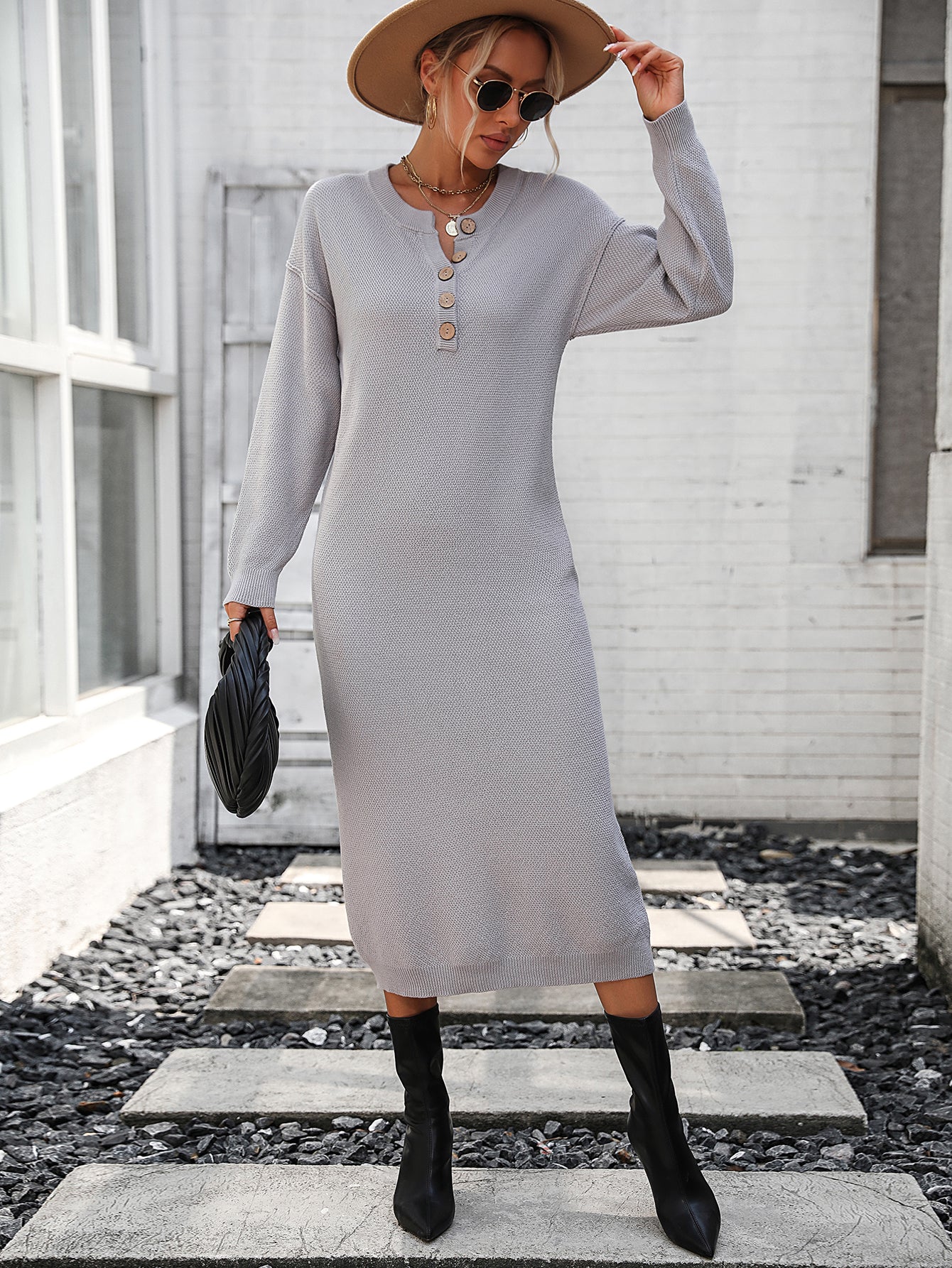 Women's Sweater Button Sweater Dress Fashionable Sweater Dress