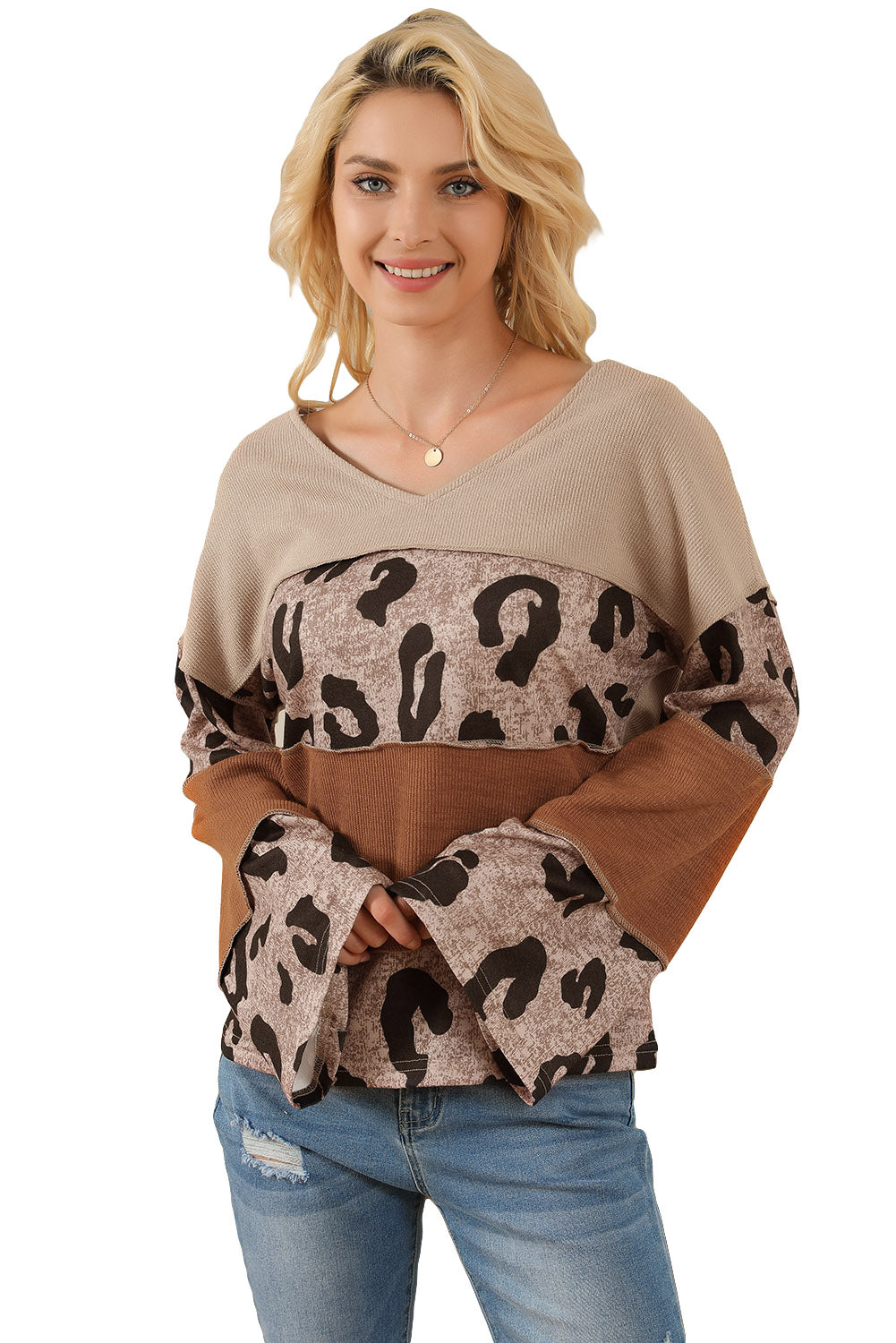 Leopard Colorblock Patchwork V-Neck Loose Sleeve Knit Top