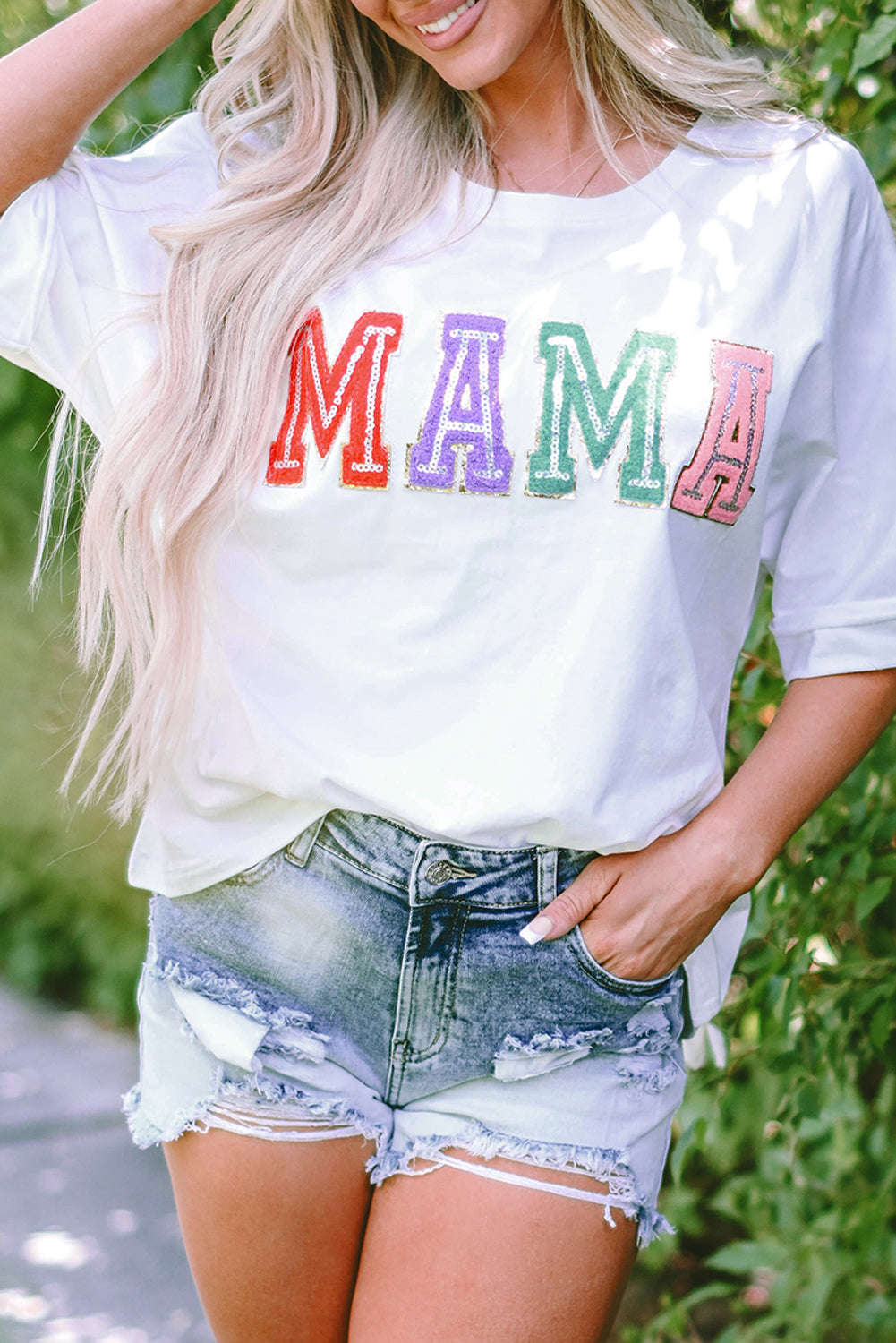 Multicolor MAMA Chenille Patched Crew Neck T Shirt