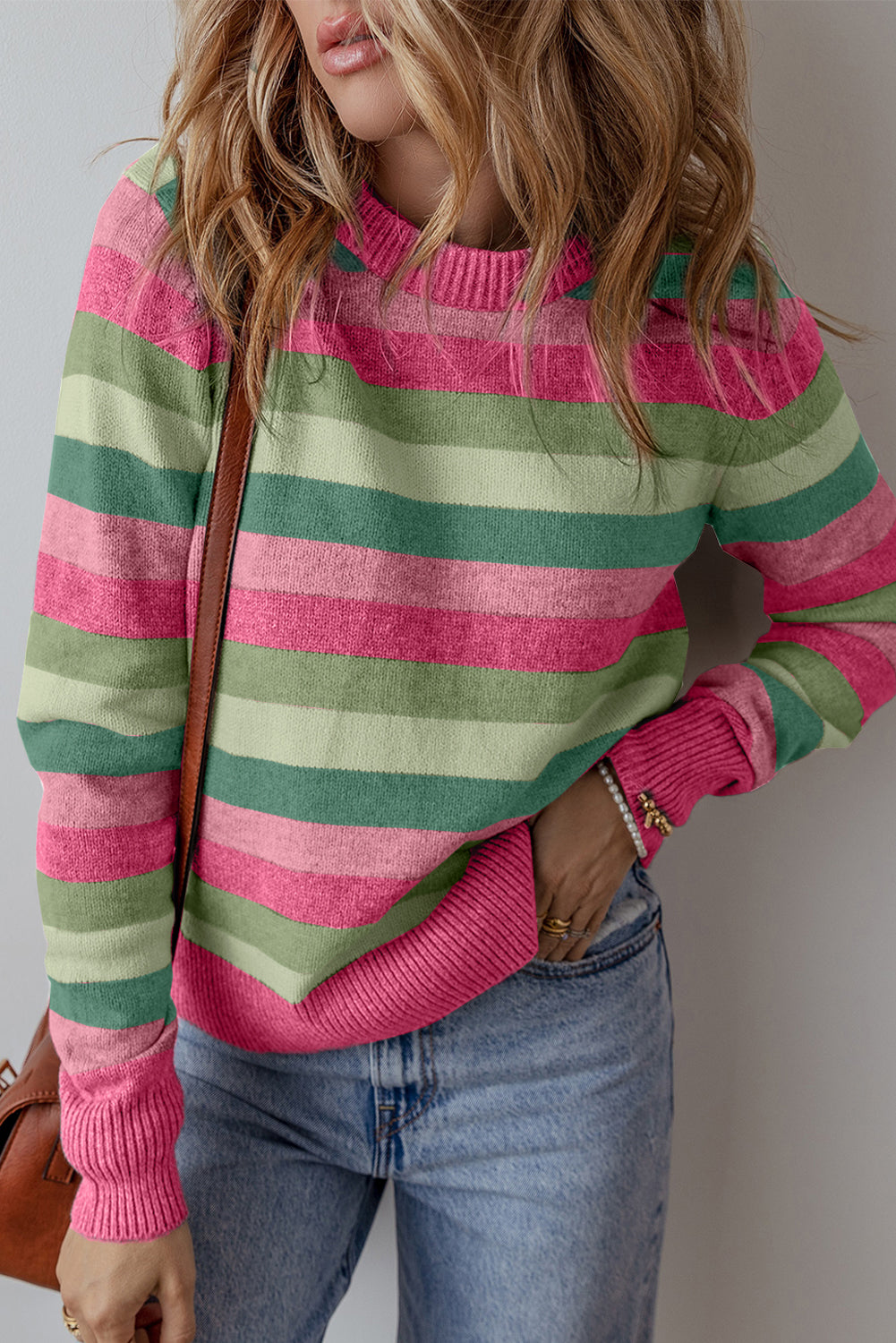 Color Block Ribbed Edge Round Neck Sweater