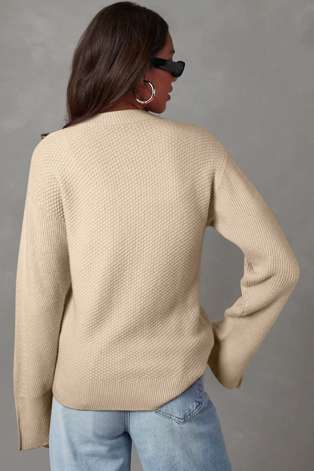 Solid Textured Knit Split Cuff Drop Shoulder Loose Sweater