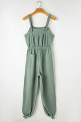 Women's Knotted Straps Button Textured Drawstring Jumpsuit