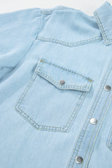 Mist Blue Vintage Light Wash Flap Pockets Rounded Hem Shirt