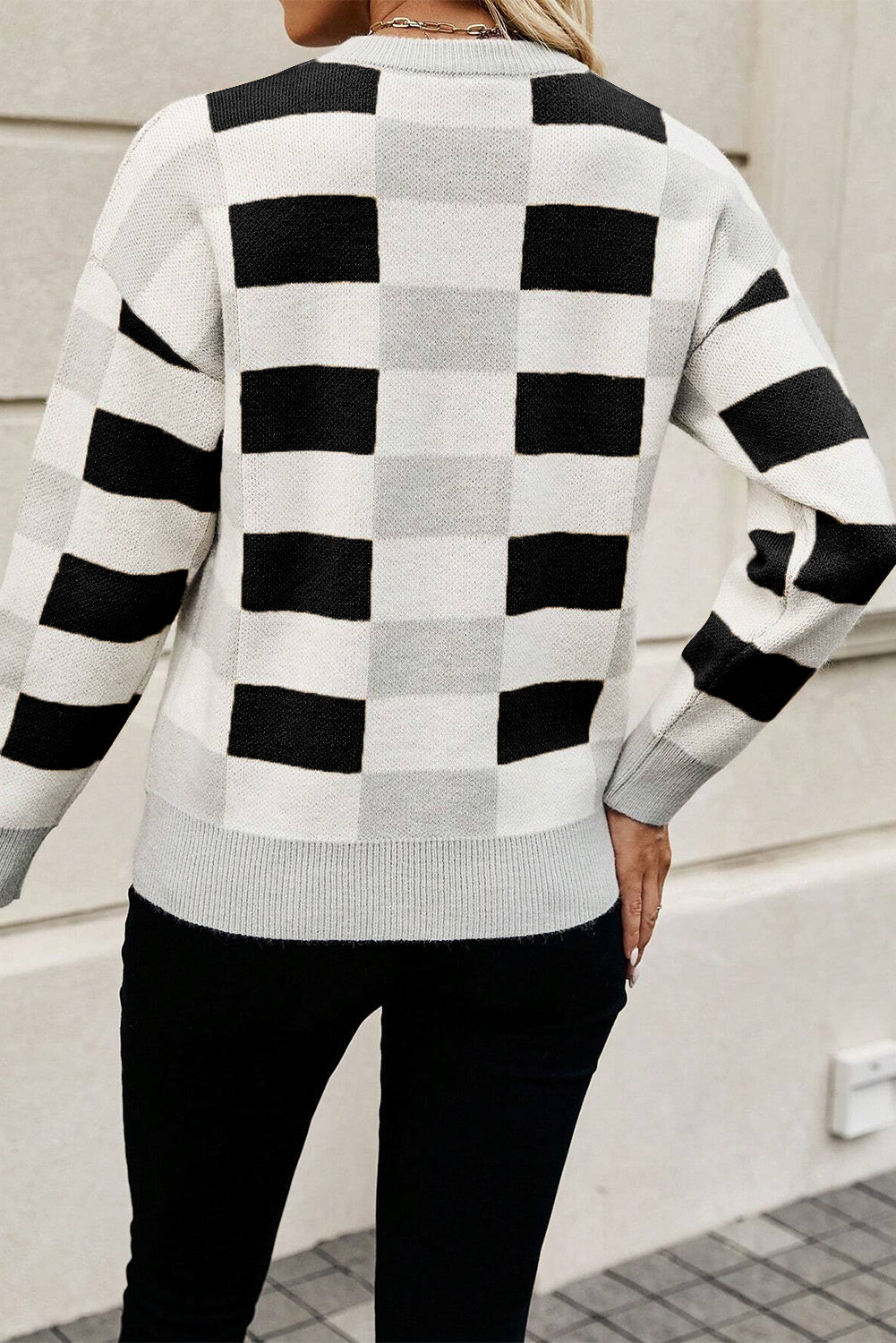 Checkered Ribbed Edge O Neck Drop Shoulder Sweater