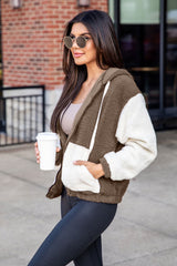 Brown Colorblock Hooded Zip-Up Pocketed Sherpa Jacket