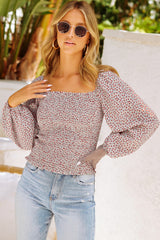 Apricot Square Neck Puff Sleeve Floral Smocked Top