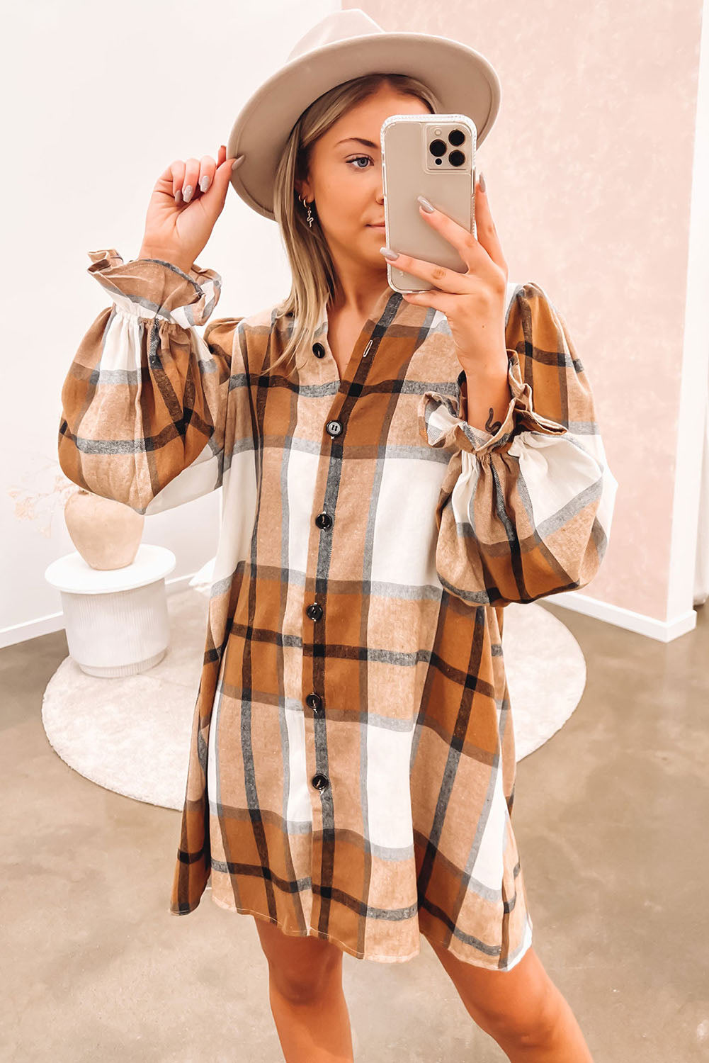 Plaid Pattern Collared Neck Ruffled Sleeve Shirt Dress