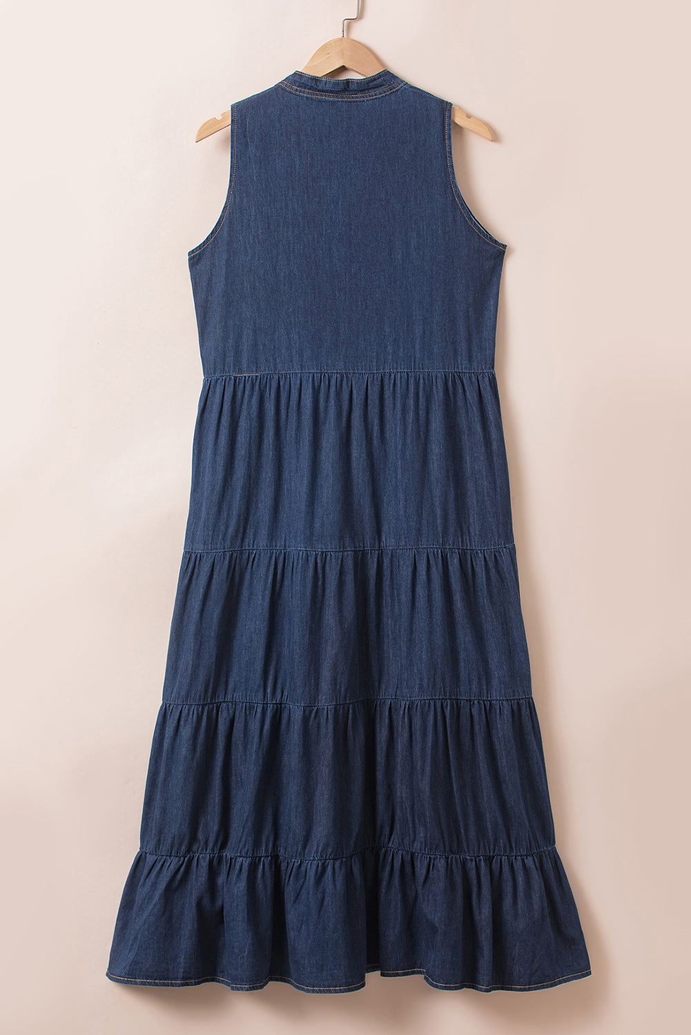 Solid Color Sleeveless Tiered Chambray Maxi Dress