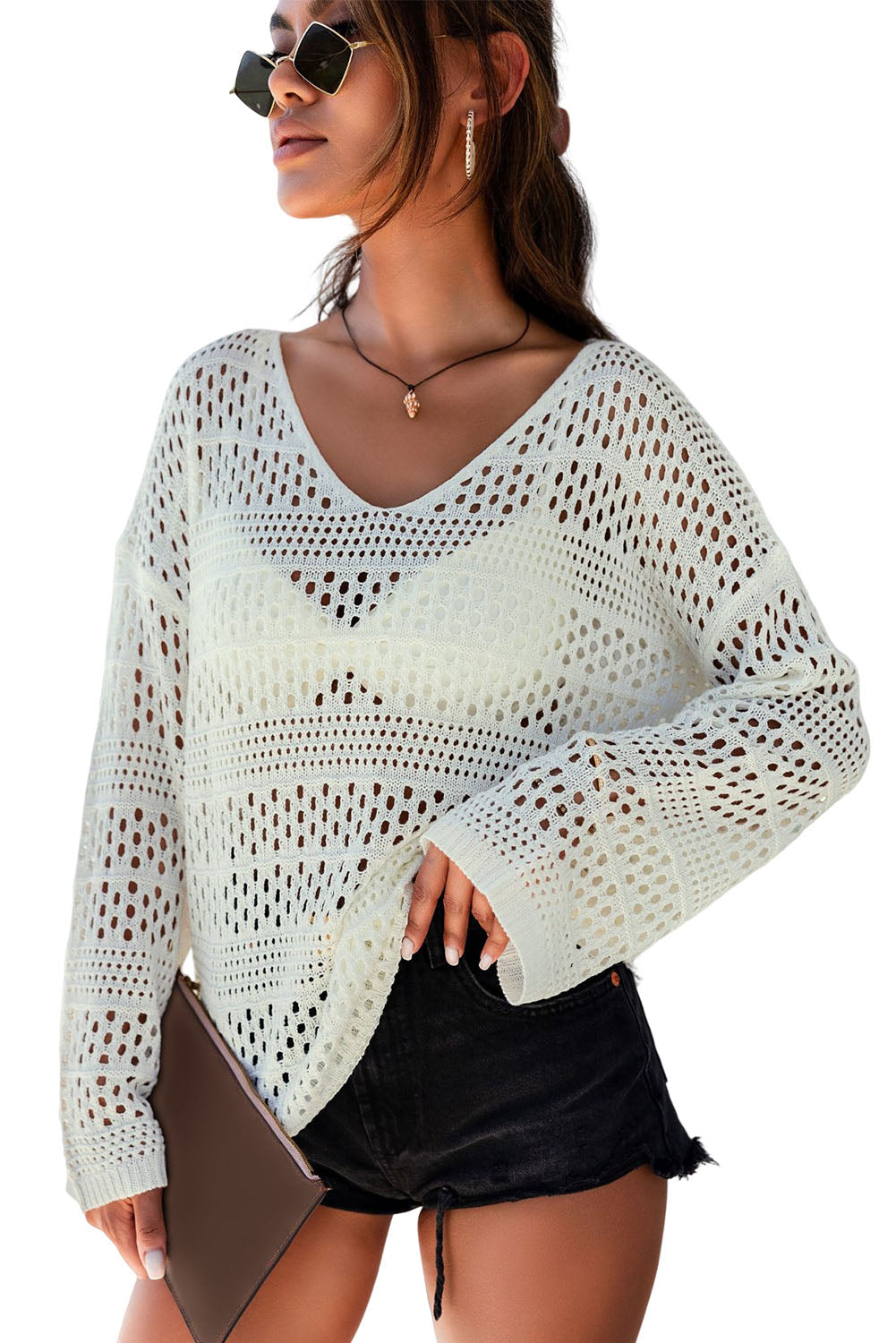 White Hollow Out Crochet V Neck Pullover Sweater