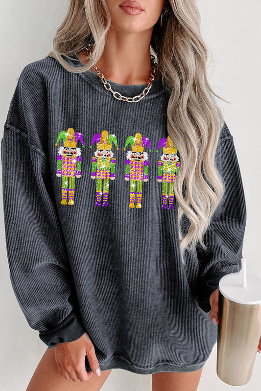 Gray Glitter Mardi Gras Nutcracker Patch Corded Sweatshirt