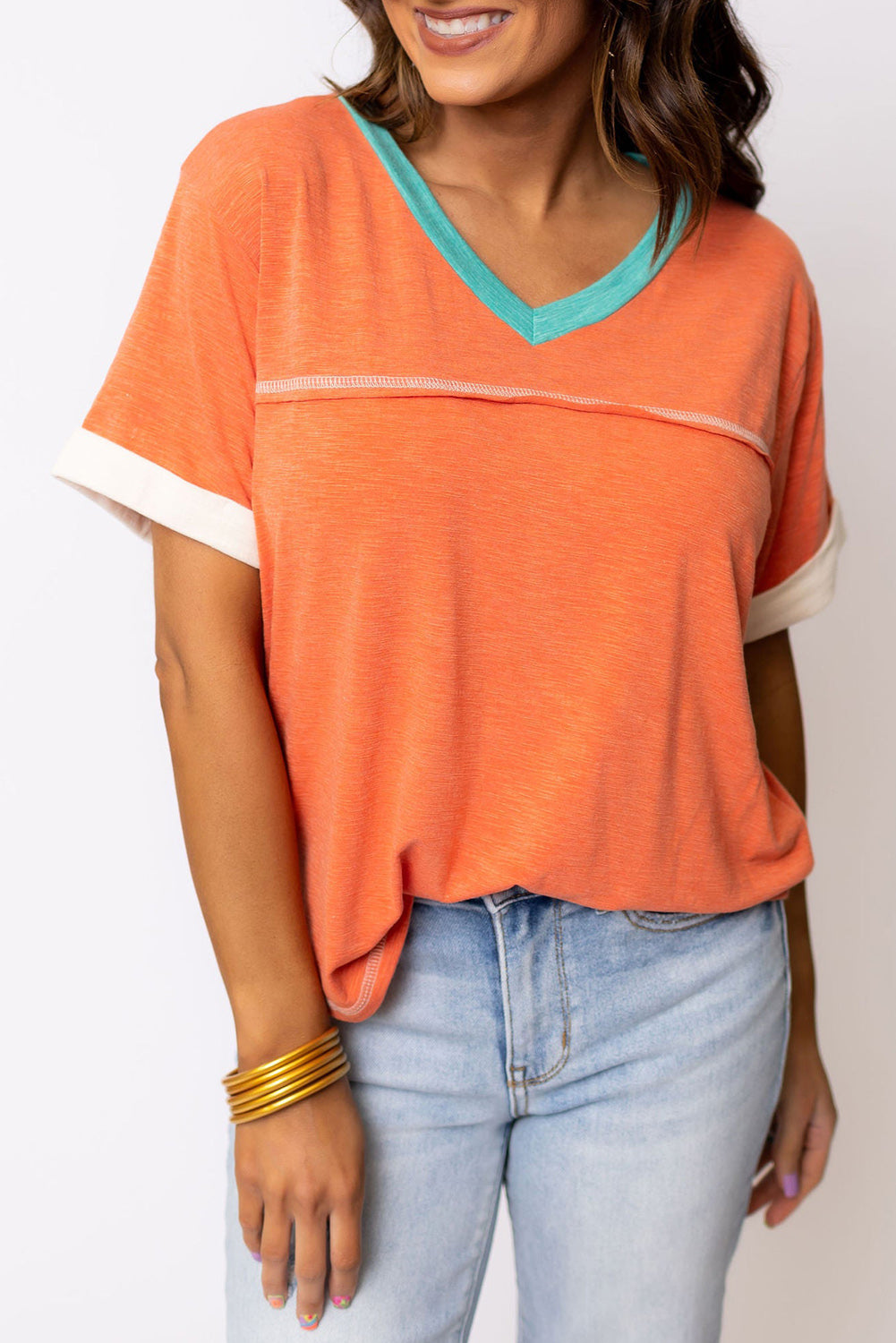 Grapefruit Orange Contrast Trim Exposed Seam V Neck T-shirt