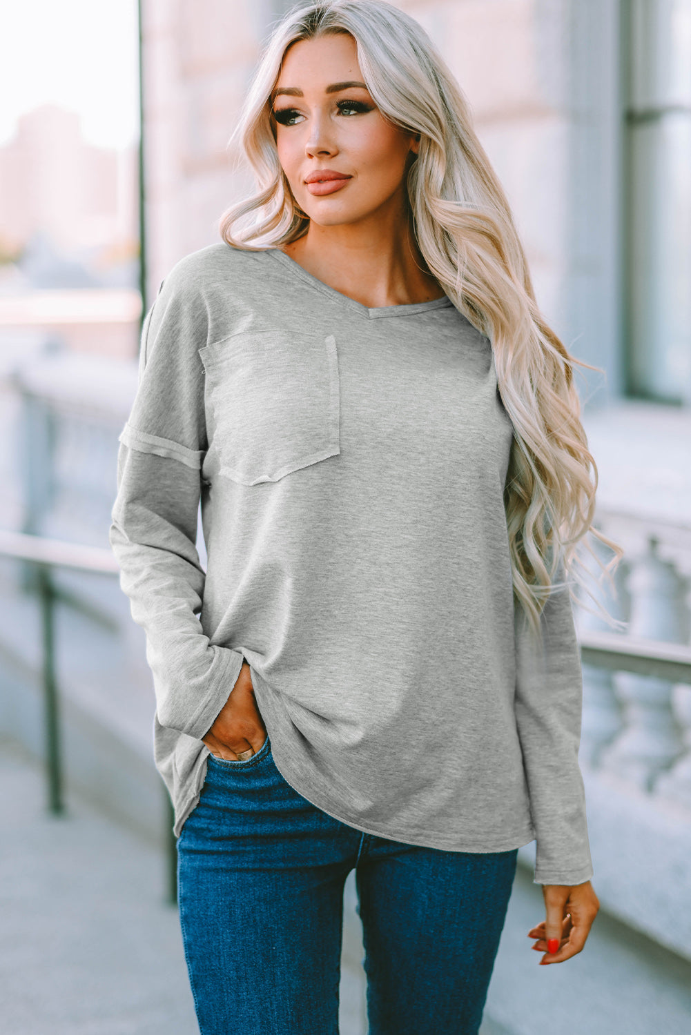 Gray Pocketed Oversized Drop Sleeve Top