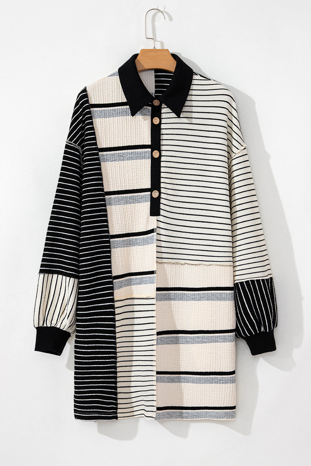 Stripe Colorblock Knit Henley Collar Shift Long Sleeve Mini Dress