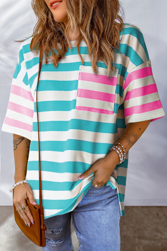 Stripe Contrast Patch Pocket Drop Sleeve T Shirt