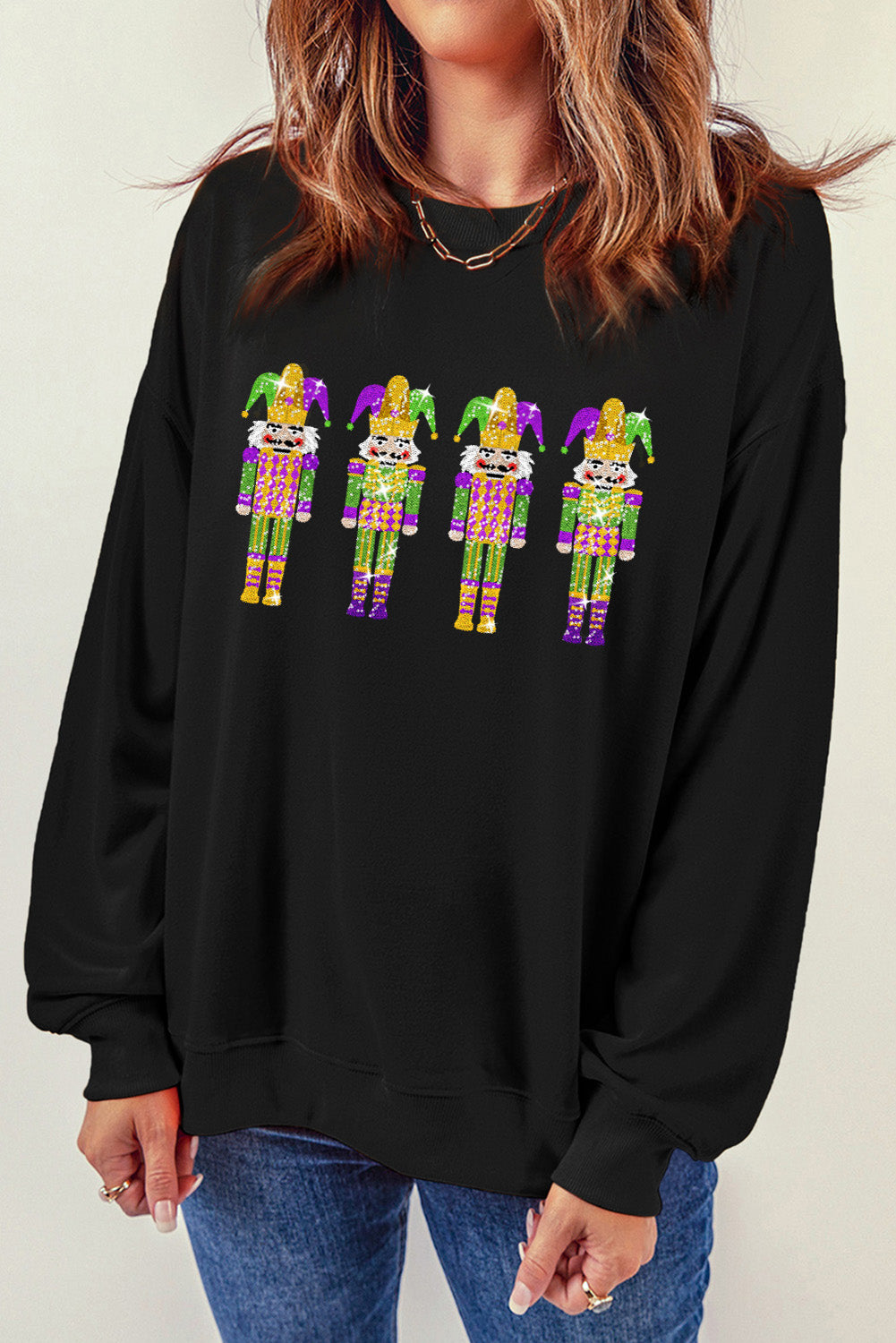 White Glitter Mardi Gras Nutcracker Patch Sweatshirt