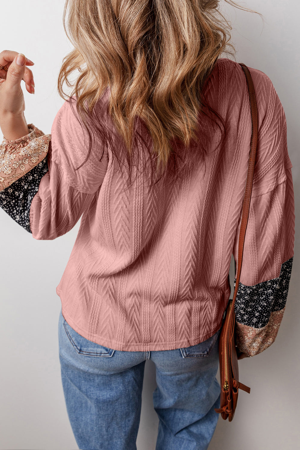 Floral Patchwork Textured Knit Drawstring V Neck Blouse