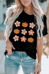 Black Pumpkin Flower Print Short Sleeve Graphic Top