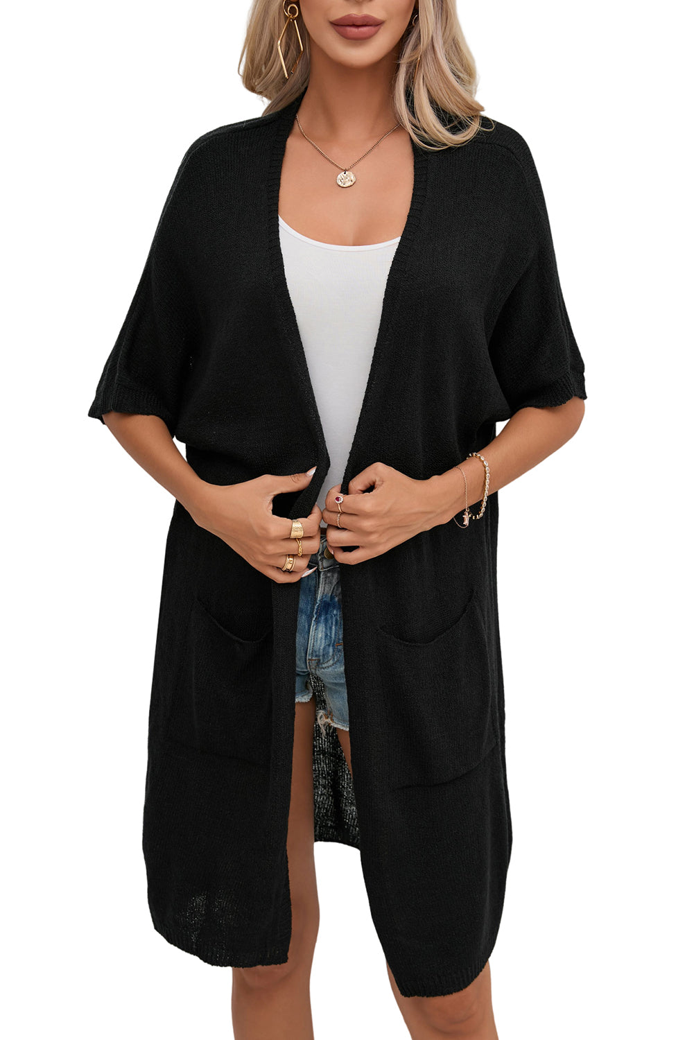 Khaki Dolman Half Sleeve Pocketed Long Cardigan