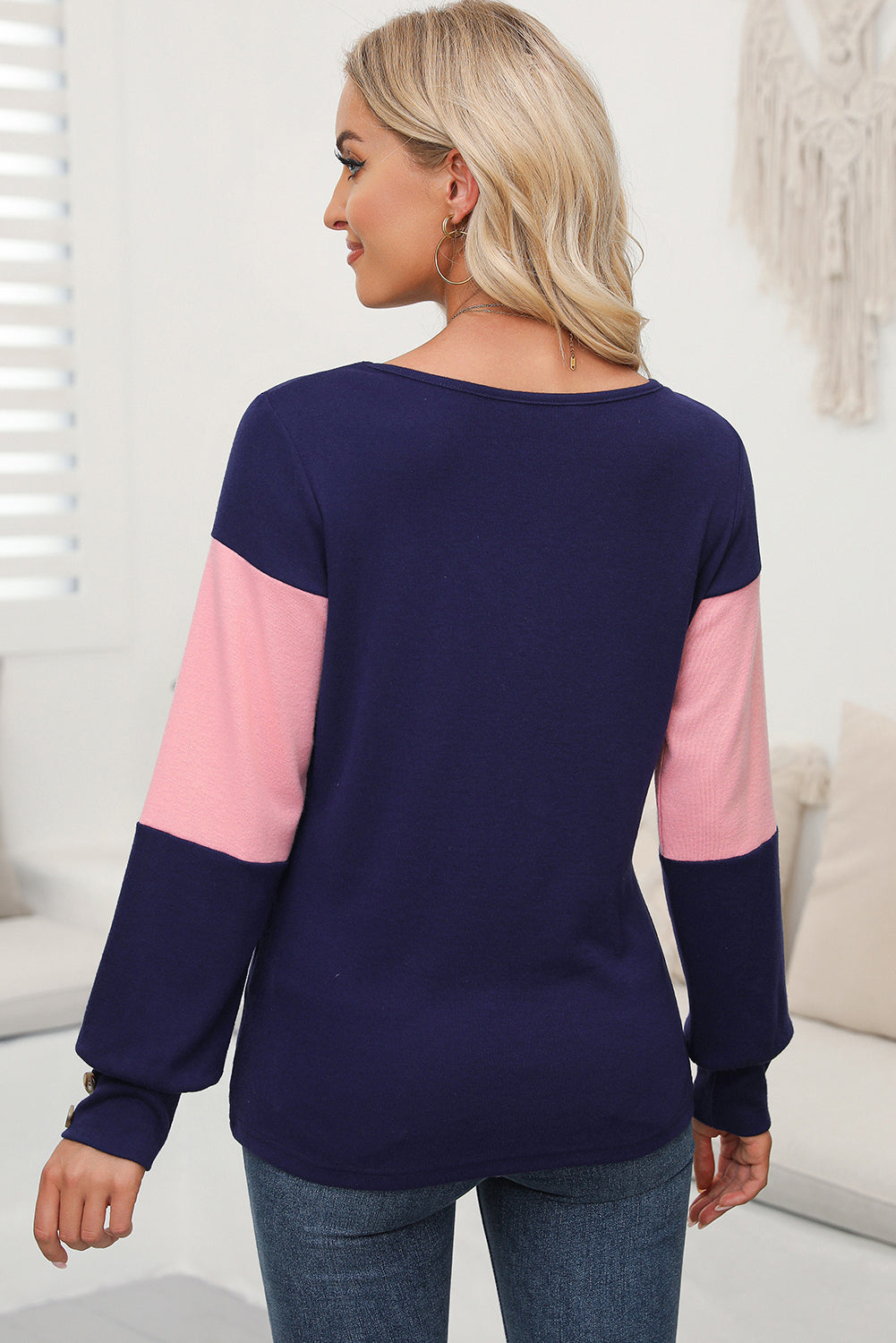 Stripe Colorblock Button Decor Long Sleeve V Neck Top