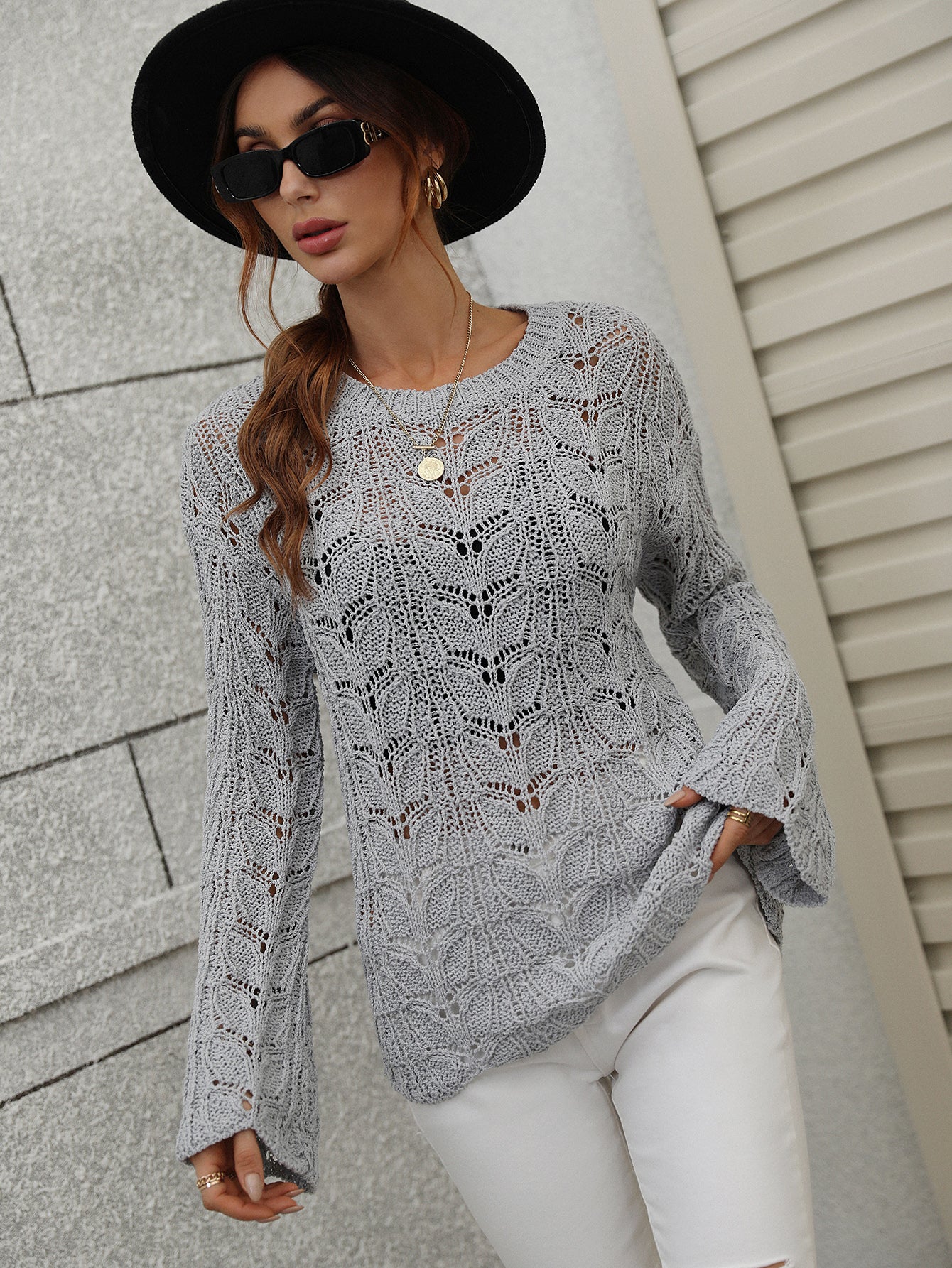 Knit Solid Color Hook Hollow Pullover Round Neck Sweater