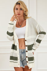 Green Colorblock Textured Knit Buttoned Cardigan