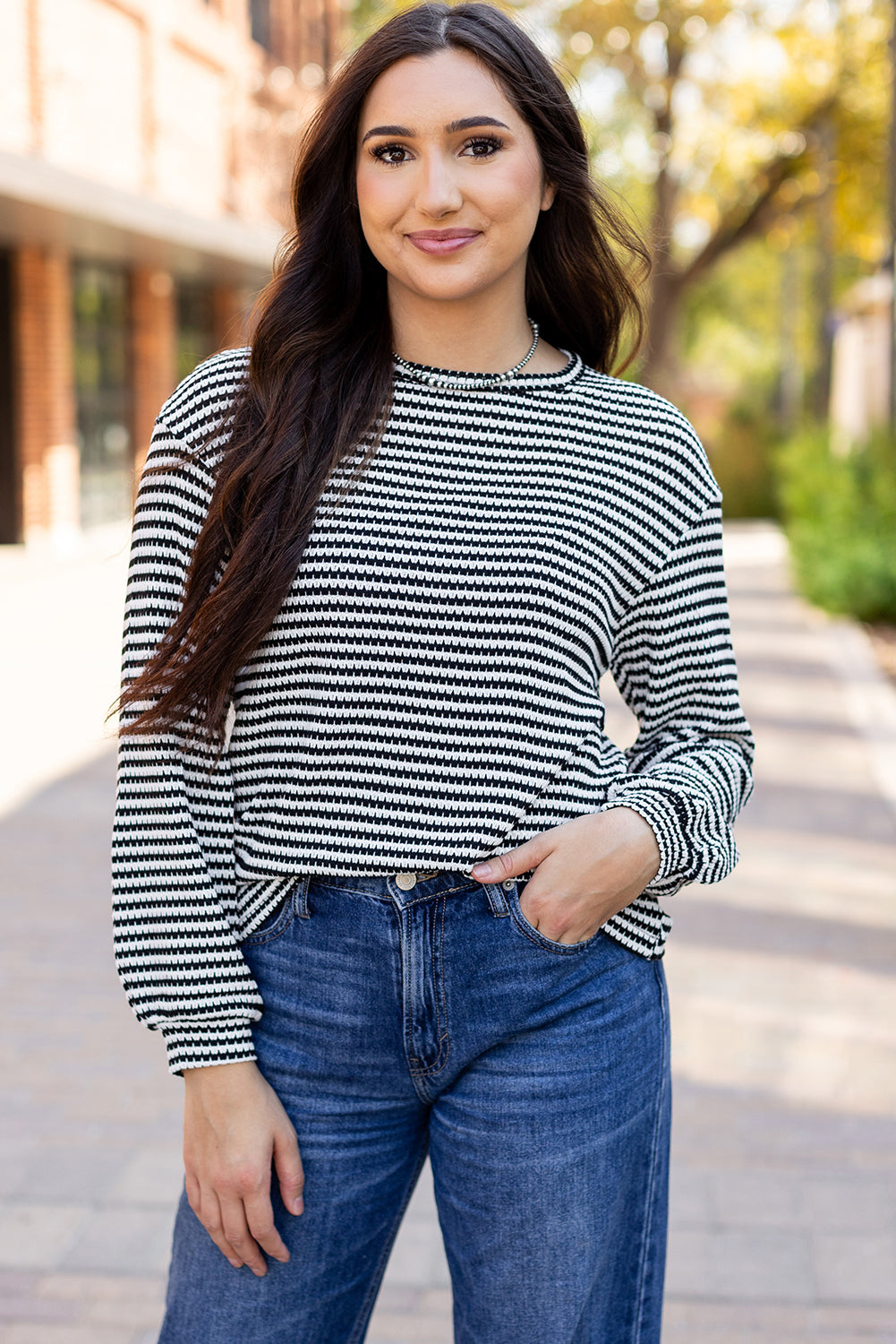 Stripe Round Neck Drop Shoulder Long Sleeve Top