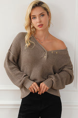 Khaki Pointelle Knit Button V Neck Drop Shoulder Sweater