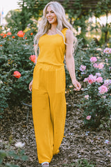 Yellow Crinkled U Neck Tank Top and Wide Leg Pants Set