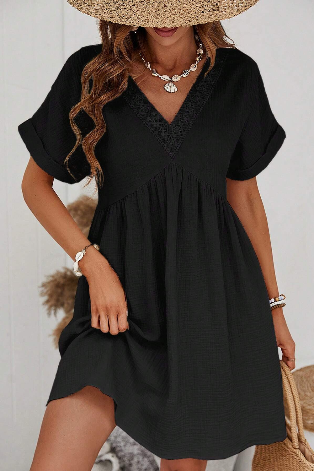 Solid colored Folded Short Sleeve Lace V Neck Mini Dress