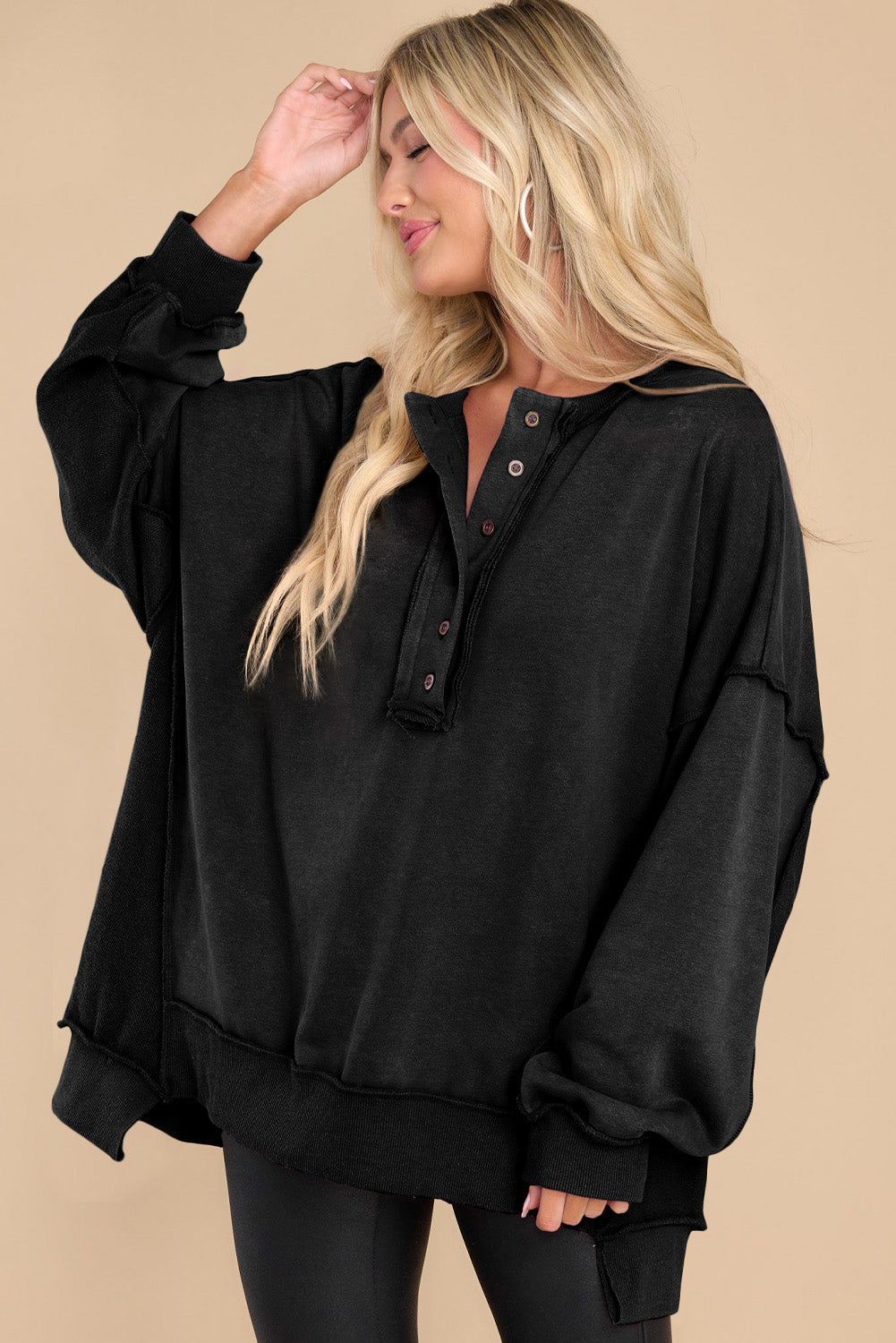 Oversized Exposed Seam Henley Casual Sweatshirt