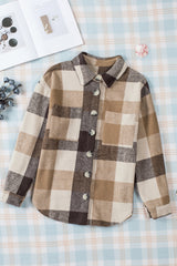 Khaki Plaid Color Block Buttoned Long Sleeve Jacket with Pocket