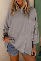 Gray Ribbed Roll-tab Sleeve Chest Pocket Oversize Top