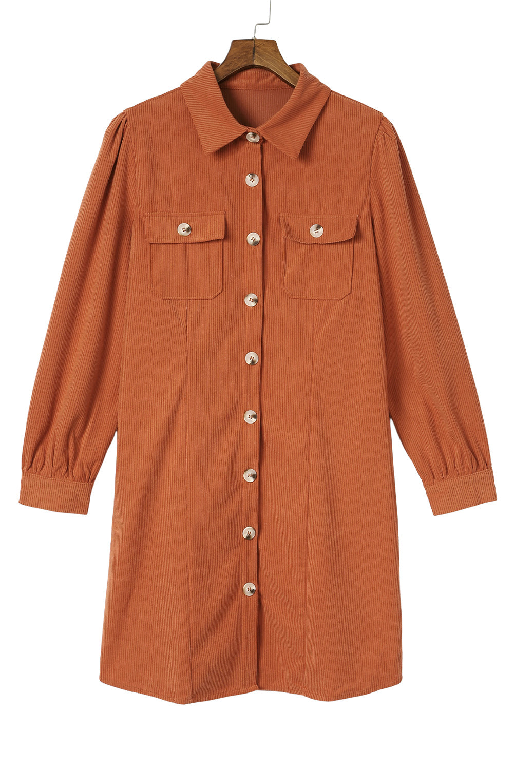 Khaki Corduroy Buttoned 	Long Sleeve Shirt Dress