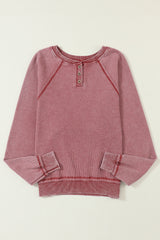 Fiery Red Waffle Knit Raglan Sleeve Henley Sweatshirt