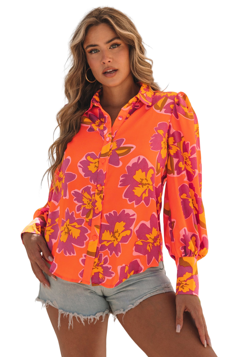 Orange Floral Print Lantern Sleeve Shirt