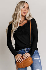 Black Lace Crochet V Neck Long Sleeve Top