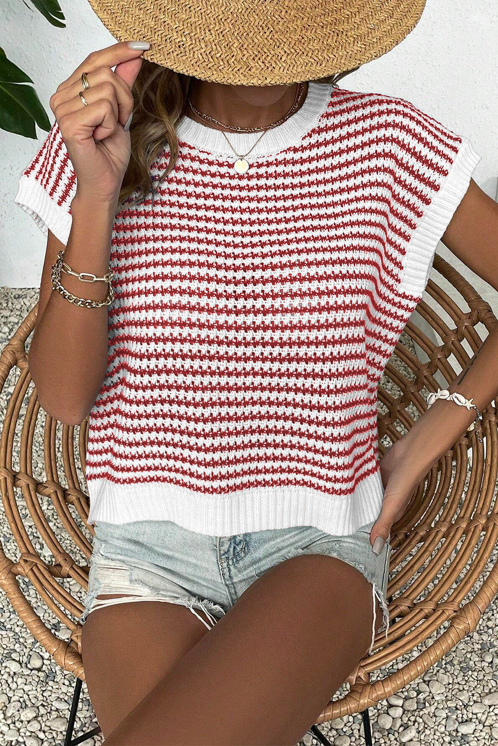 Stripe Ribbed Trim Loose Fit Knitted Sweater Vest