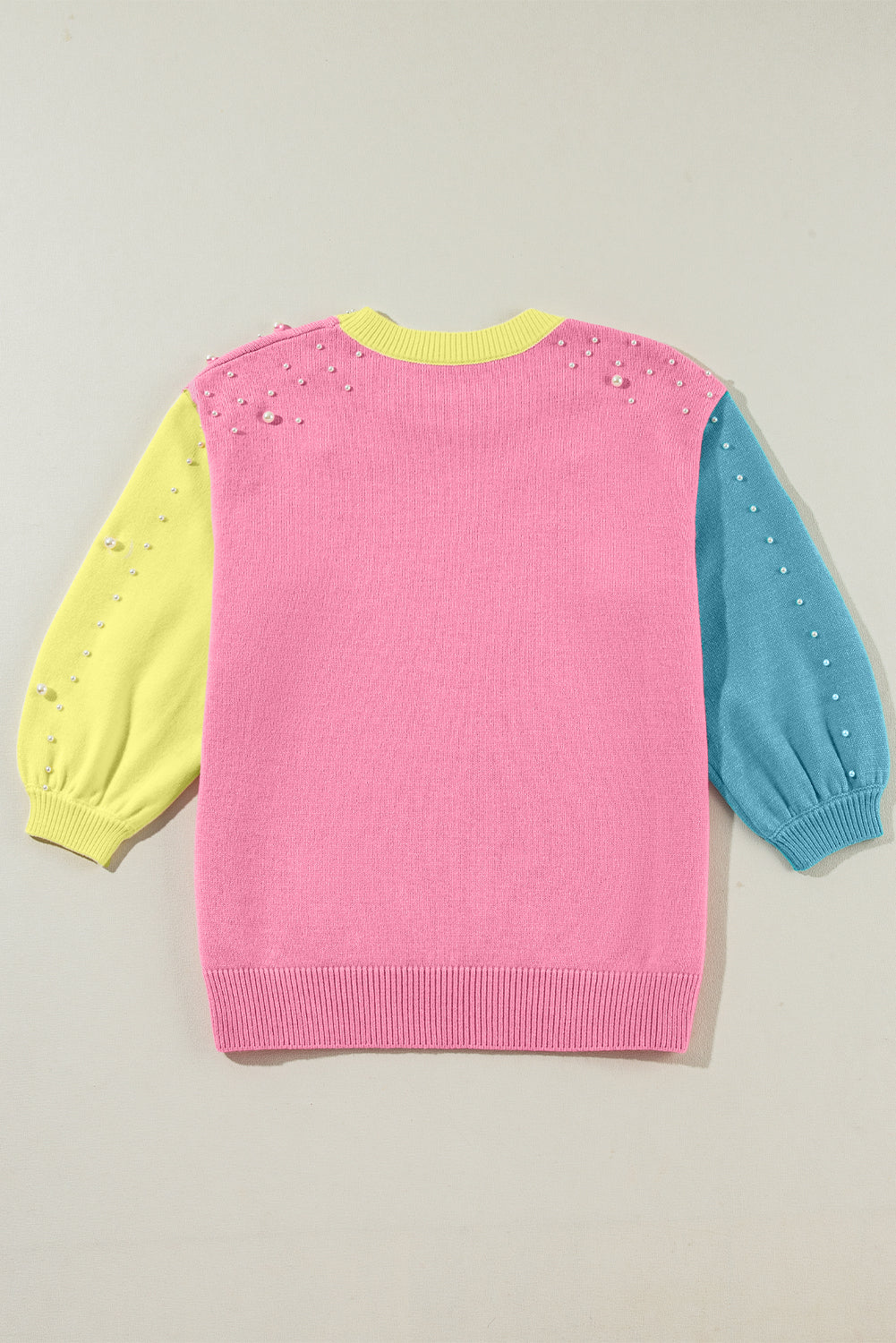 Rose Red Pearled Colorblock Crew Neck Half Sleeve Sweater