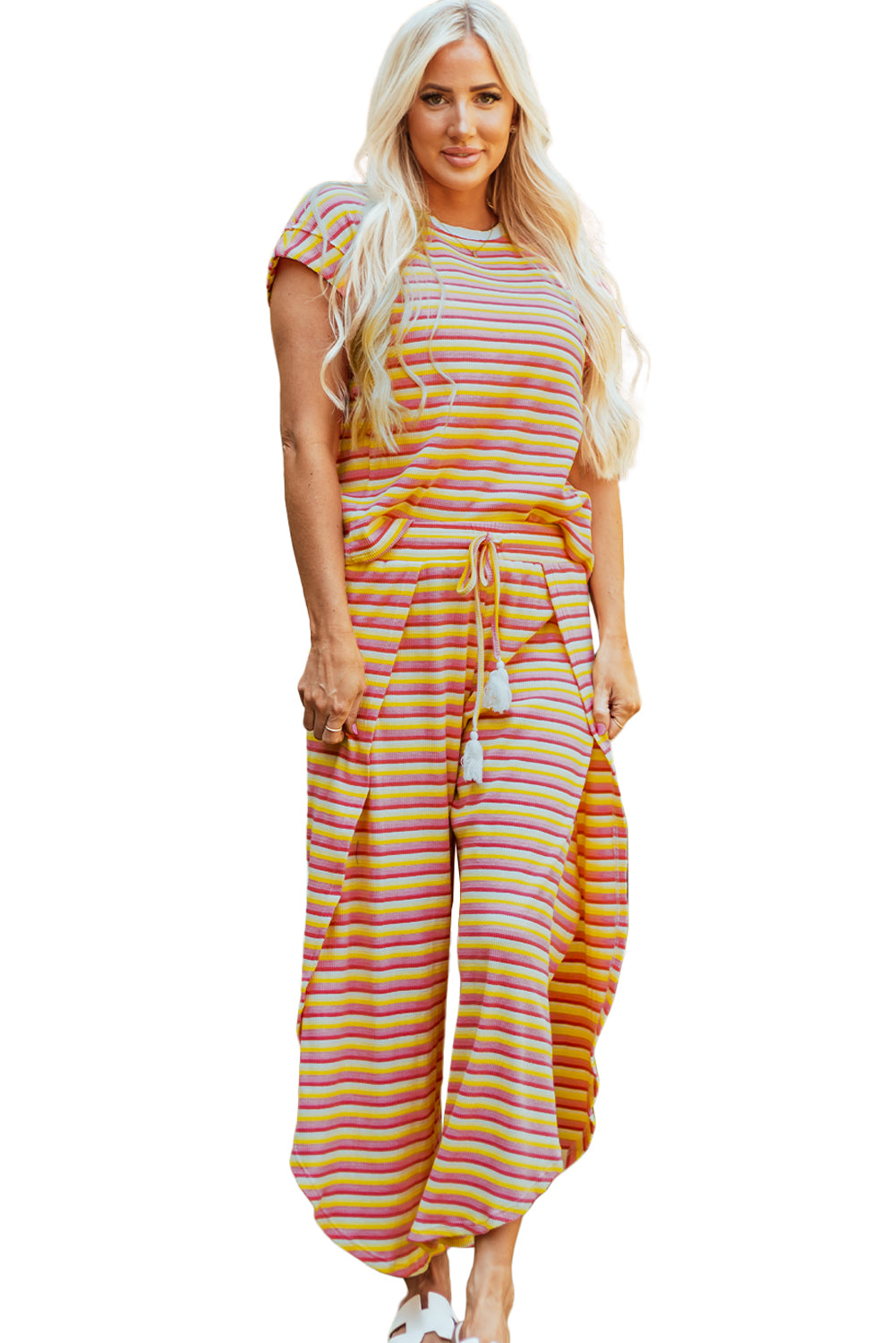 Rainbow Tee Tasseled String Wide Leg Pants Set