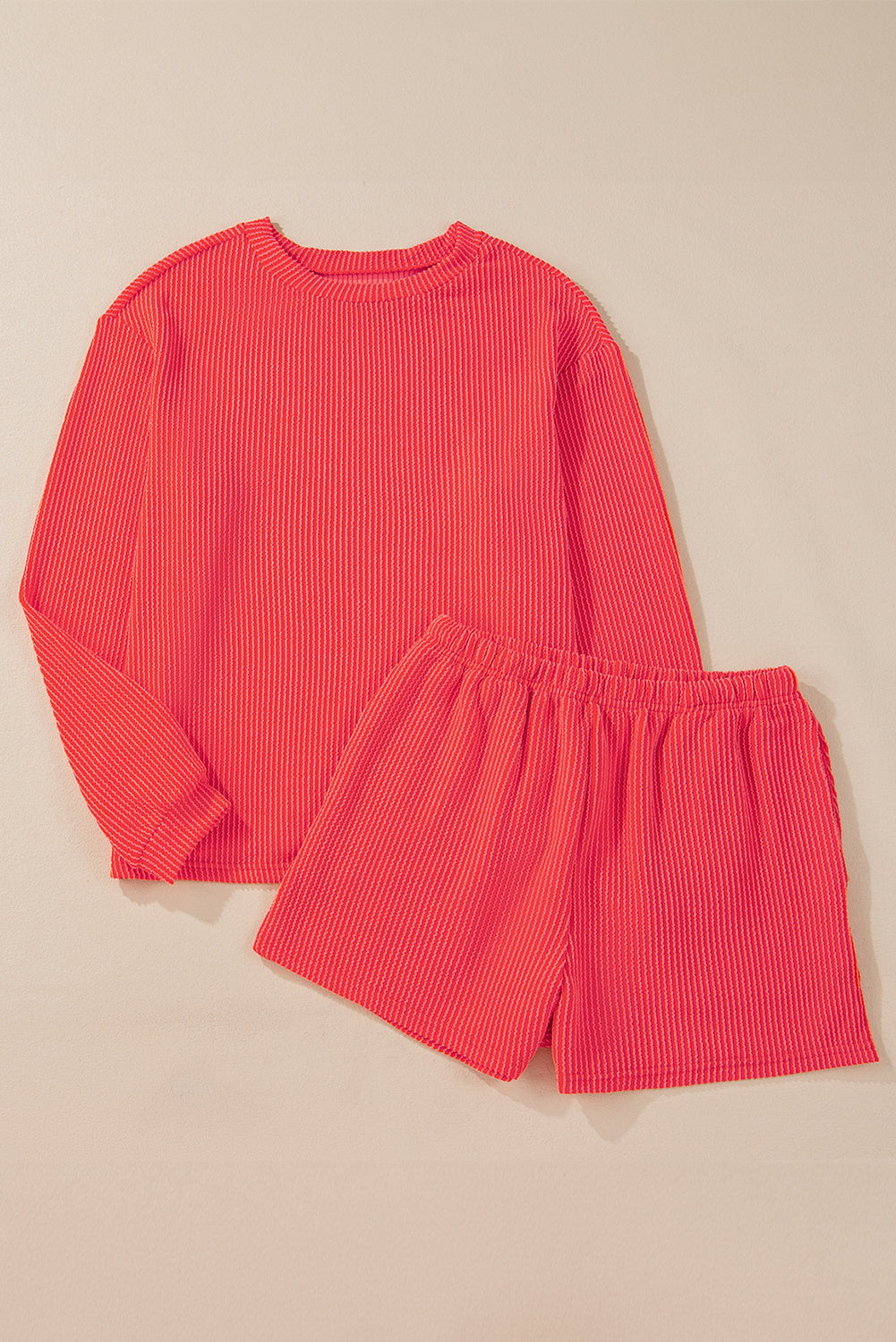 Corded Knit Long Sleeve Top and High Waist Shorts Set