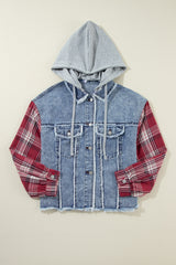 Plaid Print Patchwork Hooded Raw Hem Denim Jacket