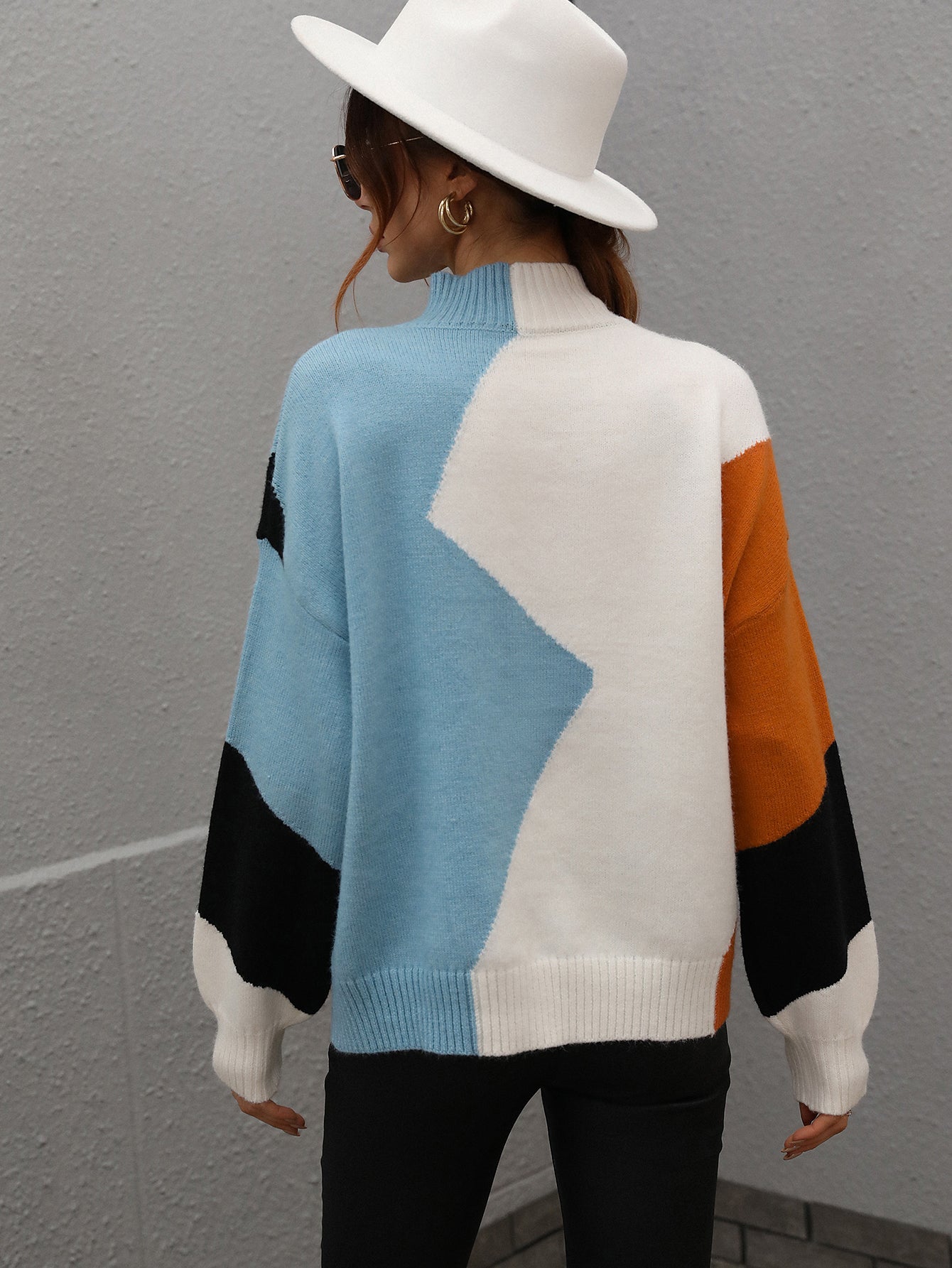 Color Block Patchwork Round Neck Pullover Knit Sweaters